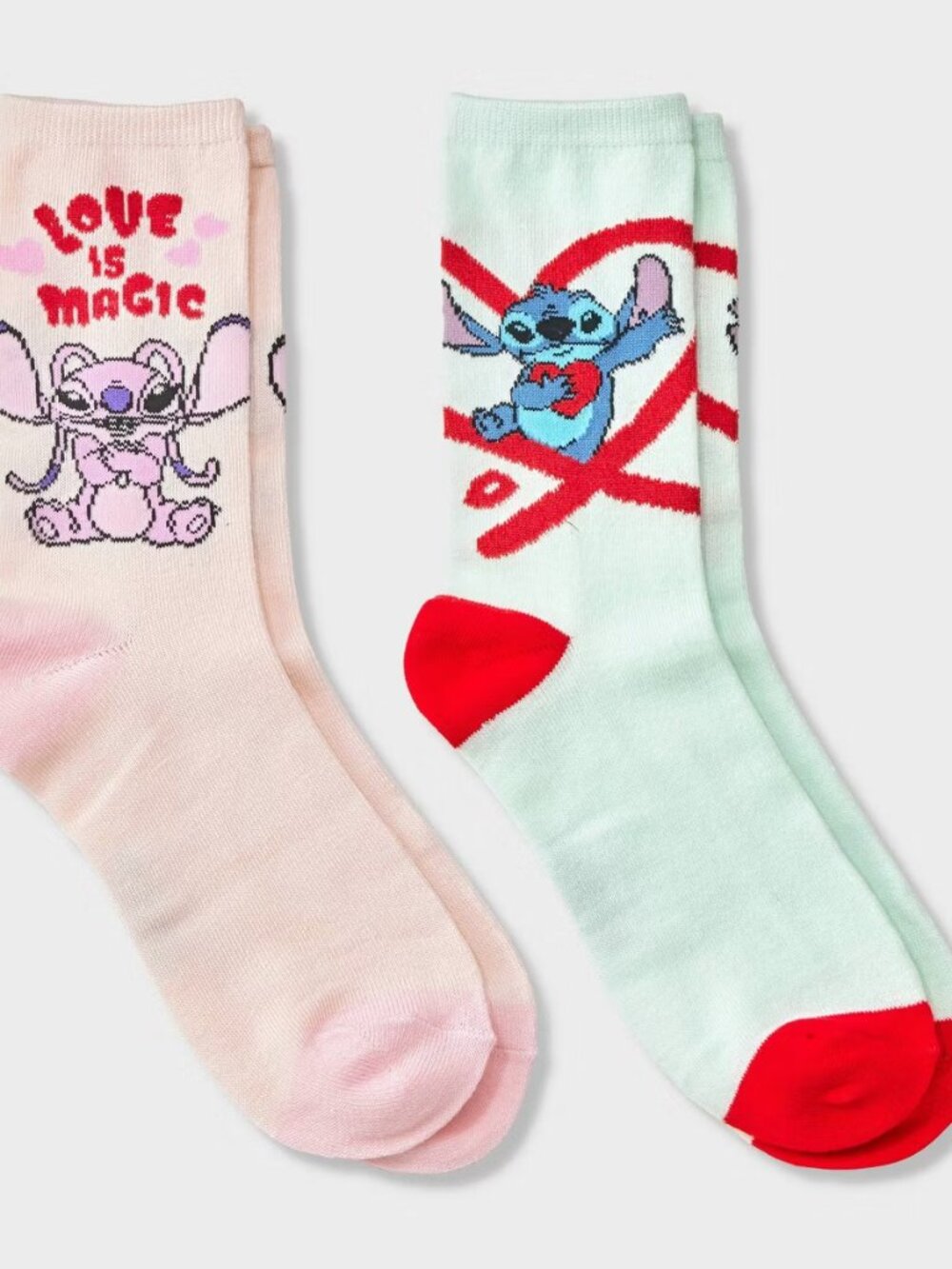 Women's Lilo & Stitch Valentine's Day Giftable 2pk Crew Socks - Blue/Pink 4-10
